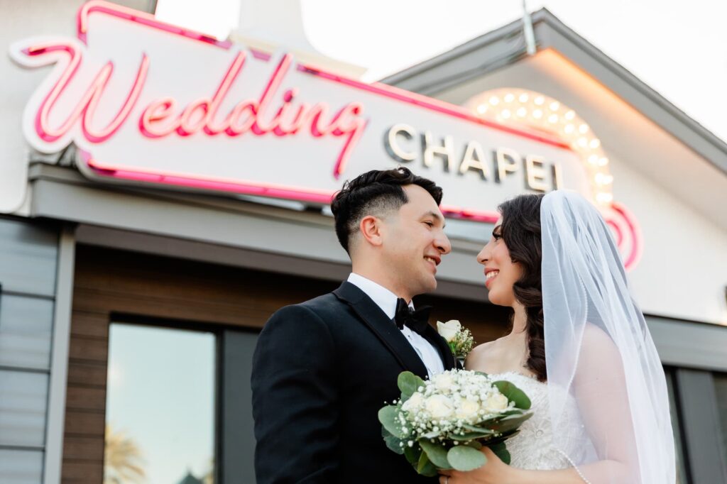 Newlyweds outside of the Little Vegas Wedding Chapel